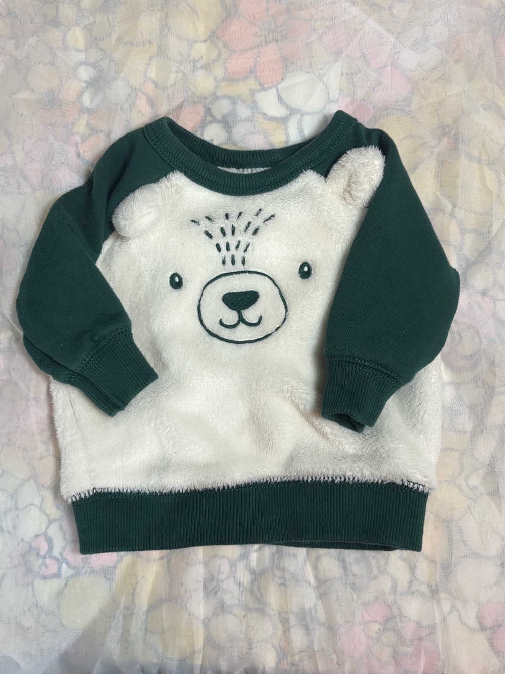 Carter's White Plush Bear Sweatshirt with Dark Green Sleeves